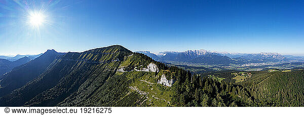 Austria  Salzburger Land  Drone view of sun shining over Jagernase peak