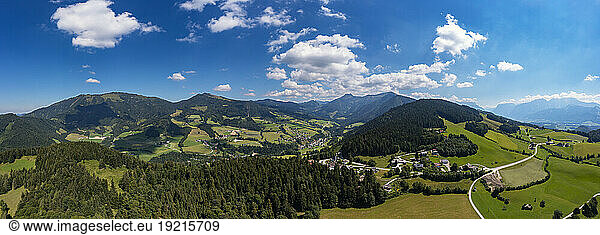 Austria  Salzburger Land  Krispl  Drone panorama of Salzkammergut mountains in summer