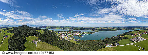 Austria  Salzburger Land  Mattsee  Drone panorama of Obertrum  Mattsee and Grabensee lakes in summer