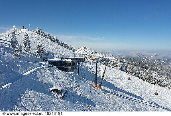 Austria  Salzburger Land  Saint Gilgen  Drone view of cable car station on Zwolferhorn mountain