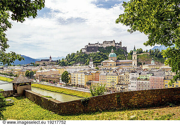 Austria  Salzburger Land  Salzburg  Historic centre with surrounding wall in foreground and Hohensalzburg Fortress in background