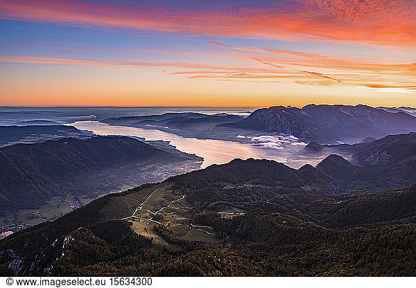 Austria  Schafberg  Hollengebirge  LakeÂ AtterseeÂ at sunrise