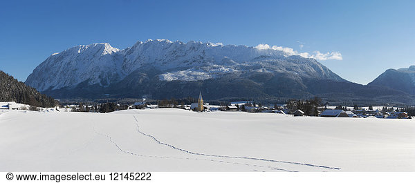 Austria  Styria  Salzkammergut  Steirisches Salzkammergut  Bad Mitterndorf  Grimming Mountain in the background  panorama
