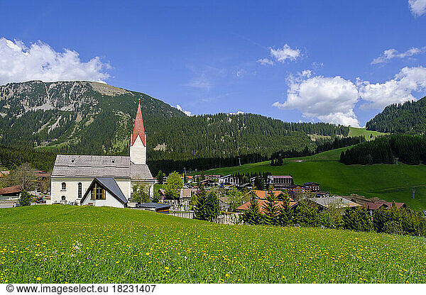 Austria  Tyrol  Berwang  View of mountain village in summer