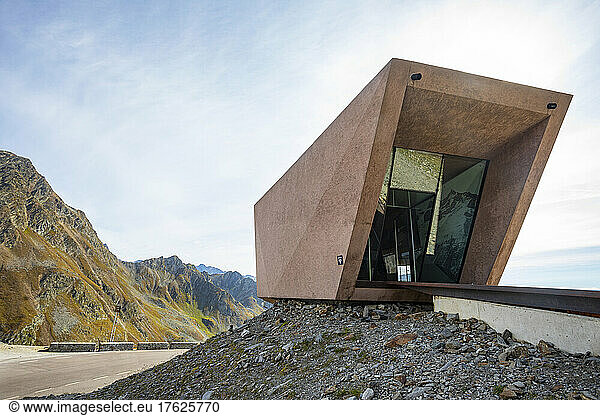Austria  Tyrol  Entrance of Timmelsjoch Experience Pass Museum standing along Timmelsjoch pass in Otztal Alps