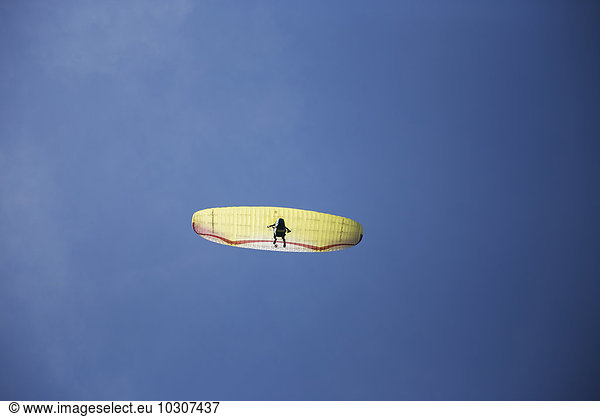Austria  Tyrol  paraglider in front of blue sky seen from below