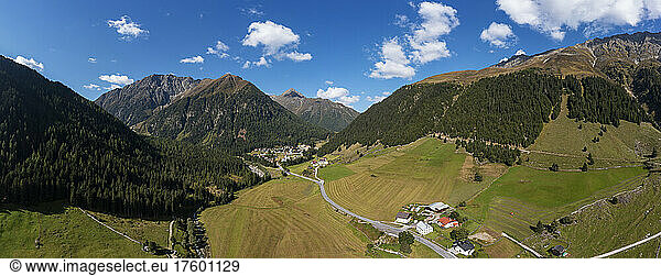 Austria  Tyrol  Sankt Sigmund im Sellrain  Aerial panorama of Sellrain Valley in summer