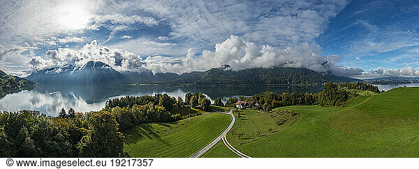 Austria  Upper Austria  Drone panorama of low clouds over Mondsee lake