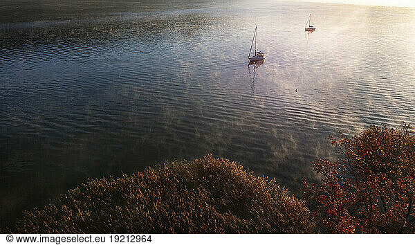 Austria  Upper Austria  Drone view of sailboats in Mondsee lake at foggy dawn