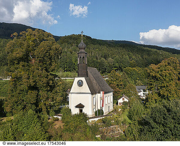 Austria  Upper Austria  Mondsee  Drone view of Hilfberg Church in summer