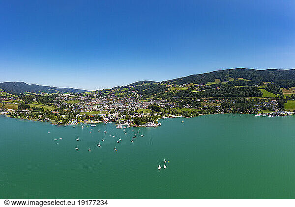 Austria  Upper Austria  Mondsee  Drone view of lakeshore village in summer
