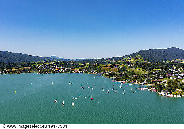 Austria  Upper Austria  Mondsee  Drone view of Mondsee lake and surrounding village in summer