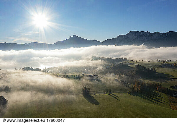 Austria  Upper Austria  Mondsee  Drone view of Salzkammergut at foggy autumn sunrise