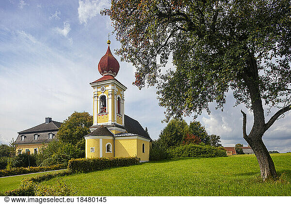 Austria  Upper Austria  Pfaffing  Exterior of Filialkirche St. Margaretha in spring