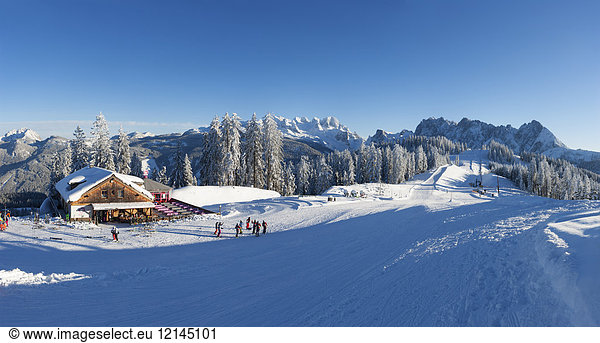 Austria  Upper Austria  Salzkammergut  Gosau  Ski area Dachstein-West  Gosaualm  View to Dachstein and Gosaukamm