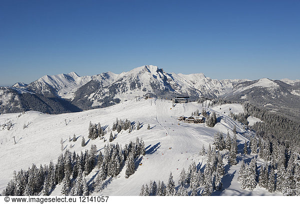 Austria  Upper Austria  Salzkammergut  Gosau  Ski area Dachstein-West  View to Dachstein and Gosaukamm