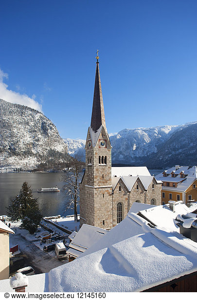 Austria  Upper Austria  Salzkammergut  Hallstatt  Lake Hallstatt  evangelic church