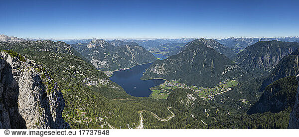 Austria  Upper Austria  Scenic panorama of Lake Hallstatt seen from Krippenstein mountain