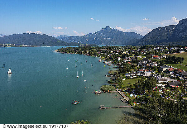 Austria  Upper Austria  Schwarzindien  Drone view of village on shore of Mondsee lake in summer