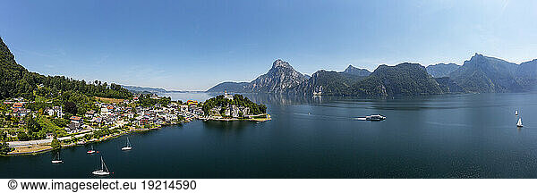 Austria  Upper Austria  Traunstein  Panoramic view of Traunsee lake and surrounding landscape