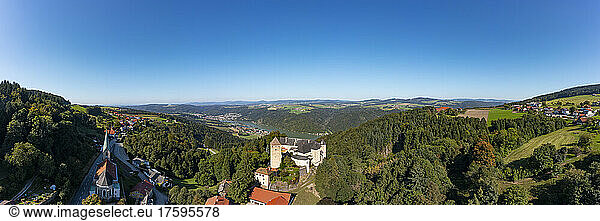 Austria  Upper Austria  Vichtenstein  Drone panorama of Burg Vichtenstein and surrounding landscape