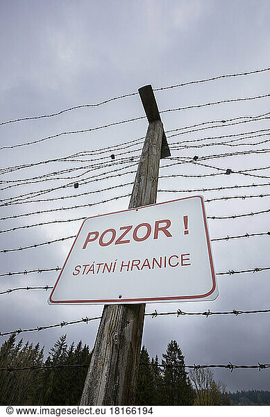 Austria  Upper Austria  Warning sign on barbed wire fence of Iron Curtain Memorial
