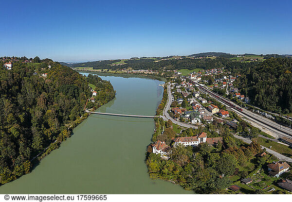 Austria  Upper Austria  Wernstein am Inn  Aerial view of river Inn in summer with Mariensteg bridge in background