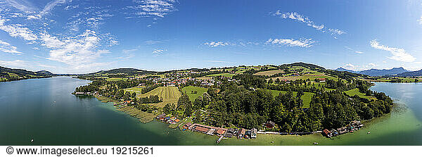 Austria  Upper Austria  Zell am Moos  Drone panorama of town on shore of Irrsee lake in summer