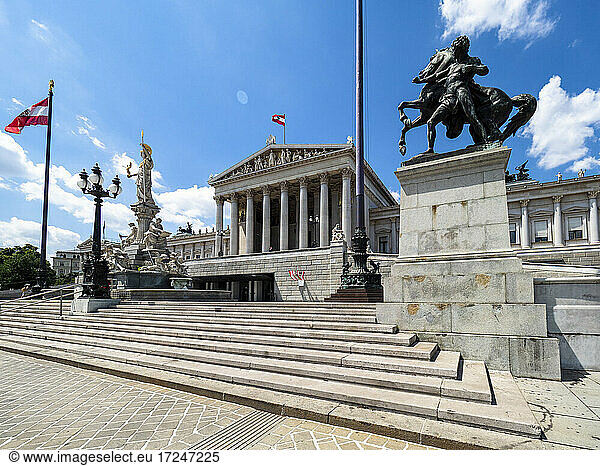 Austria  Vienna  Steps of Austrian Parliament Building with Pallas Athena Fountain in background