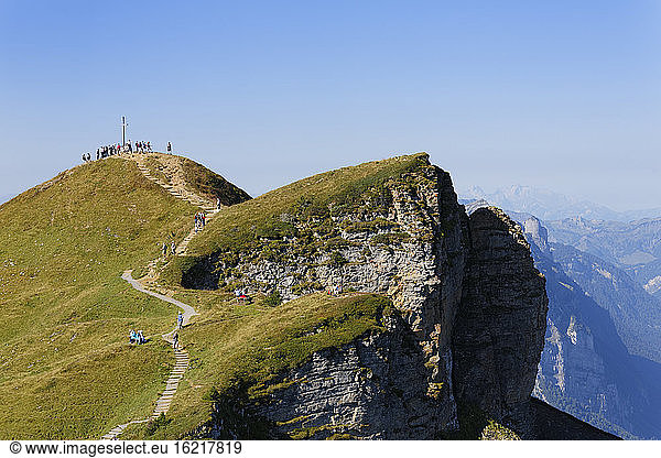 Austria  Vorarlberg  People hiking on Diedamskopf mountain near Schoppernau