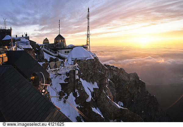 Austrian mountain hotel on Mount Zugspitze at sunset  Tyrol  Austria  Europe