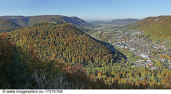 Autumn forest  view of Hohenurach Ruin and Alb ridge  Bad Urach  Erms Valley  Swabian Alb Biosphere Reserve  Baden-Württemberg  Germany  Europe