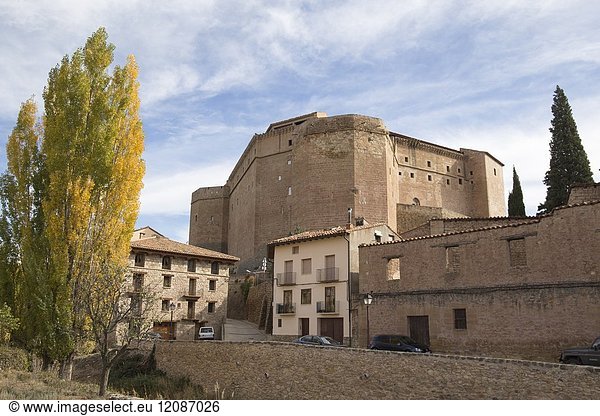 Autumn in Mora de Rubielos village Teruel Aragon Spain. The castle.