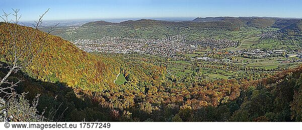 Autumn leaves  panoramic view of Dettingen-Erms  Albtrauf and Hohenneuffen Castle  Erms Valley  Swabian Alb Biosphere Reserve  Baden-Württemberg  Germany  Europe