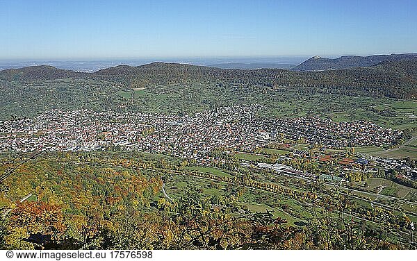 Autumn leaves  view of Dettingen-Erms  Albtrauf and Hohenneuffen Castle  Erms Valley  Swabian Alb Biosphere Reserve  Baden-Württemberg  Germany  Europe