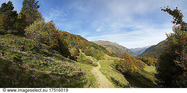Autumn panoramic in the Aspe Valley  Pyrenees in France.