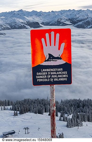 Avalanche danger sign in a skiing area,  Brixen im Thale,  Tyrol,  Austria,  Europe