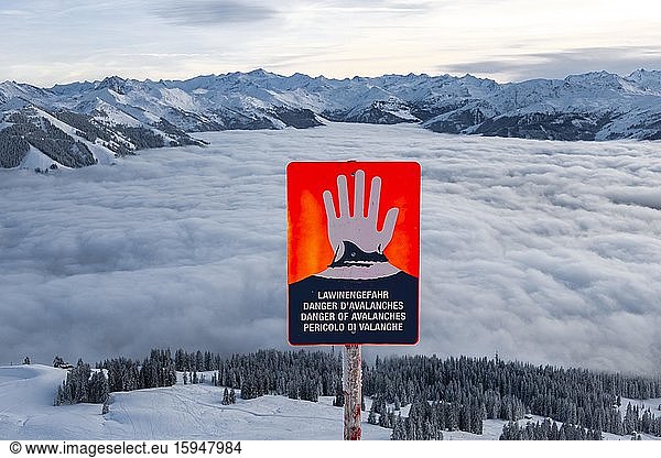 Avalanche danger sign in a skiing area  Brixen im Thale  Tyrol  Austria  Europe