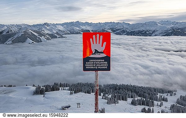 Avalanche danger sign in a skiing area Brixen im Thale Tyrol Austria Europe