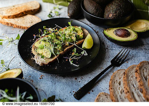 Avocado toast on a plate with ingredients around it on stone counter.