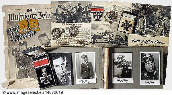 Awards and documents of Oberleutnant (1st Lieutenant) Adolf Glunz.  Oak Leaves to the Knight's Cross of the Iron Cross of 1939. Frosted silver  historic  historical  1930s  20th century  Air Force  branch of service  branches of service  armed service  armed services  military  militaria  air forces  object  objects  stills  clipping  clippings  cut out  cut-out  cut-outs