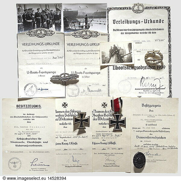 Awards and documents of U-Boat Commander Olt.z.S. Heinrich Niemeyer  U-Boat Front Clasp in Silver (corrosion)  fine zinc issue by Schwerin  Berlin with award document (trimmed) dated 28 March 1945 as C.O. of 'U-3532'  award document (trimmed) for the U-Boat Front clasp in Bronze dated 7 historic  historical  people  1930s  20th century  navy  naval forces  military  militaria  branch of service  branches of service  armed forces  armed service  object  objects  stills  clipping  clippings  cut out  cut-out  cut-outs