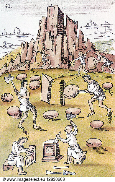 AZTEC STONE MASONS. Aztec stone masons at work. Drawing from the Codex Florentino  c1540  a treatise compiled by Bernardino de Sahagun (1499-1590) on the Aztecs and the Spanish conquest of Mexico.