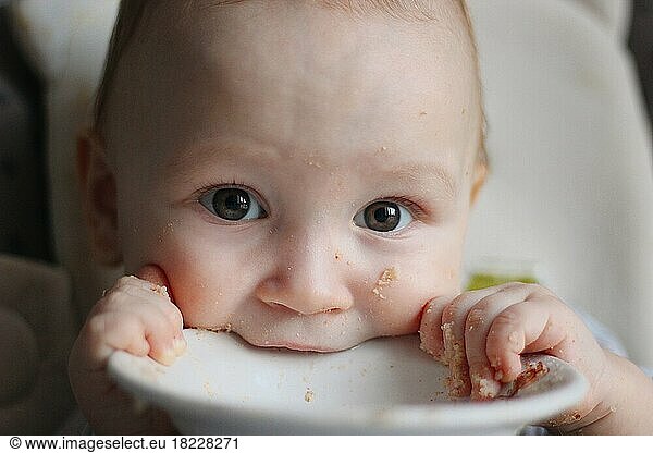 Baby boy biting plate portrait