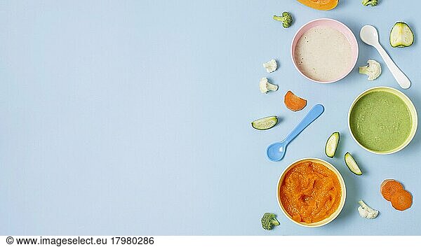 Baby food frame blue background