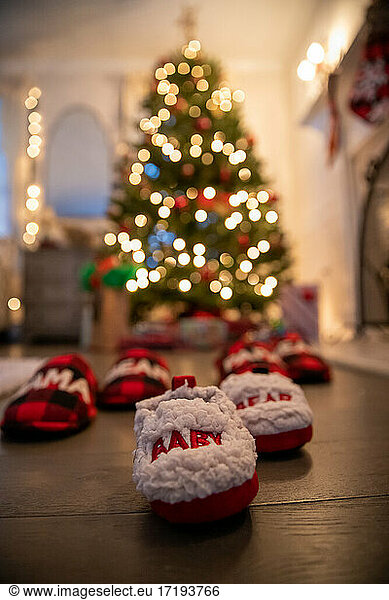 Baby slippers in front of holiday decorations.