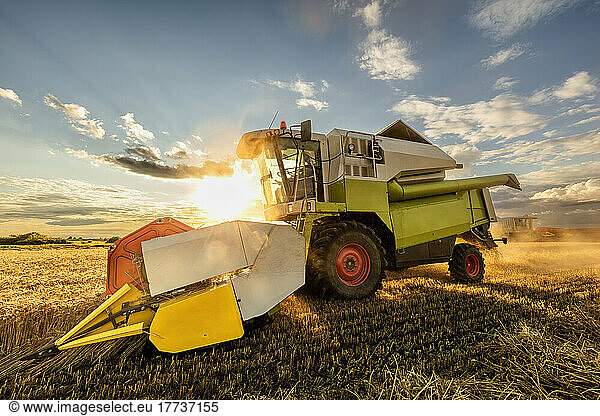 Back lit combine harvester on wheat field