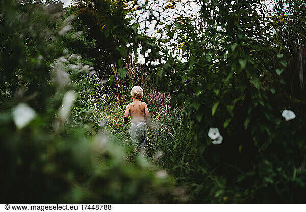 Back view of blonde child walking on hiking trail among green plants