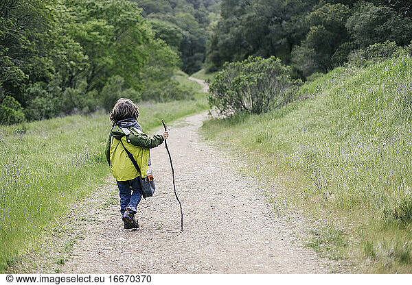 Back view of child walking stick by path trail in nature