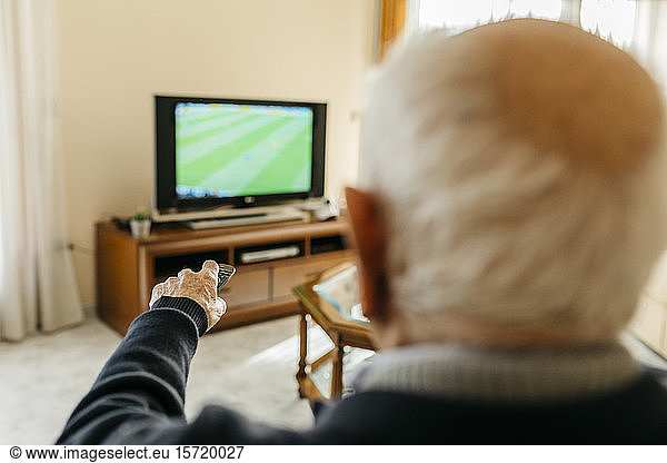Back view of senior man watching TV at home